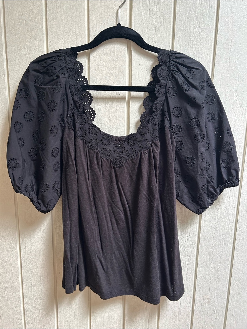 Rebecca Taylor La Vie - Black Puff Sleeve Eyelet Top